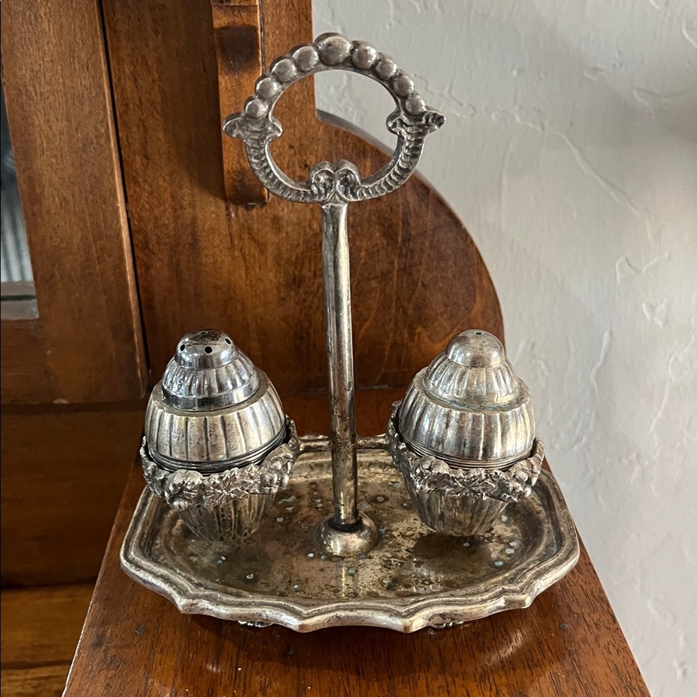 Vintage Silver Plated Salt & Pepper Shakers with Floral Carrying Caddy Holder